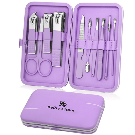 Manicure Set, Travel Mini Nail Clippers Kit Pedicure Care Tools, 10Pcs Stainless Steel Grooming Kit (Violet)