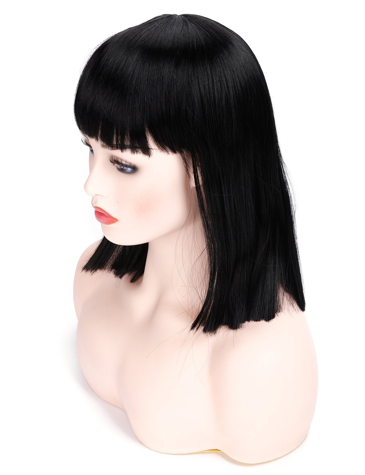 Morvally Short Straight Black Wig With Bangs Natural Looking Heat Resistant Hair Cosplay Costume Wigs (14 Inches Natural Black)