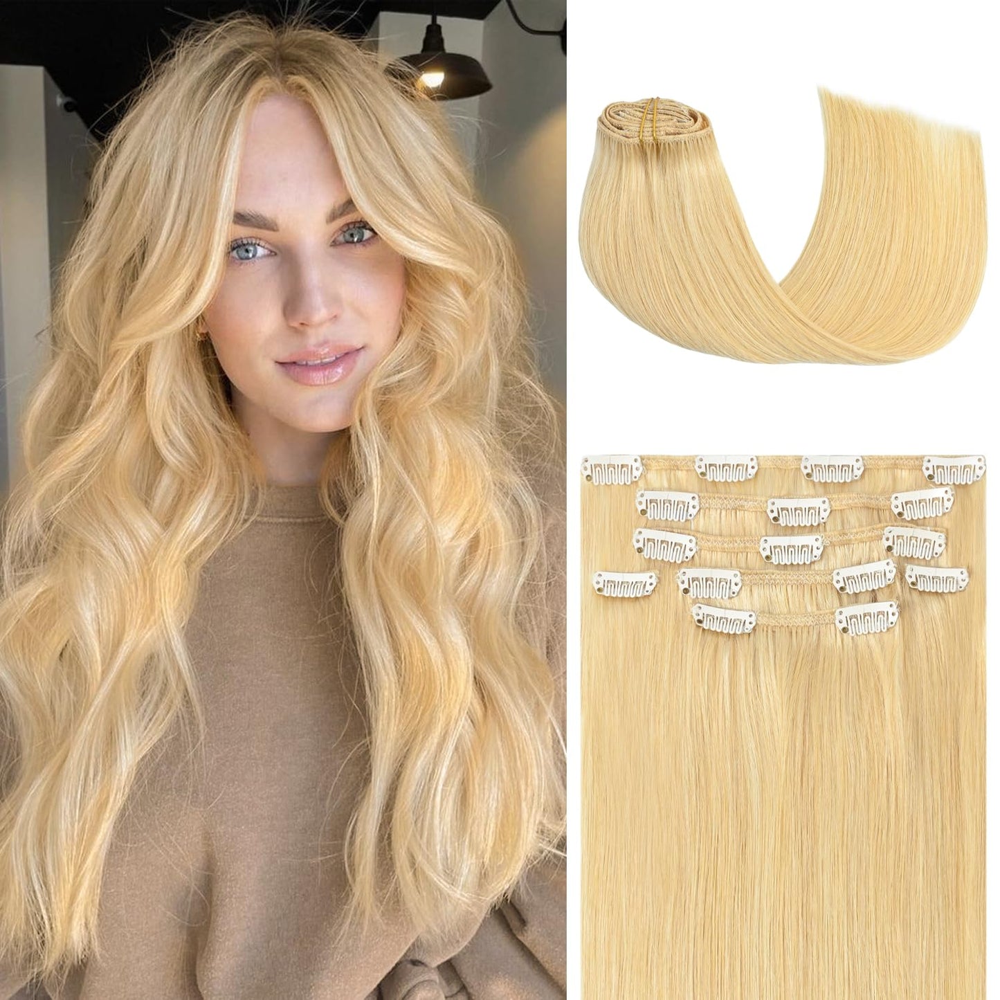 Honsoo Hair Extensions Clip In Hair Extensions Real Human Hair Bleach Blonde 70G 7Pcs 12Inch Short Hair 100% Remy Human Hair Gif