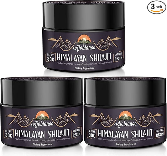Ajoblanco 600mg Shilajit Pure Himalayan Organic Shilajit Resin - Himalayan Shilajit Resin with Organic Ayurvedic Blend in High Potency for Energy, Strength & Immunity, Pack of 3