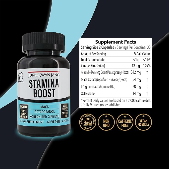 JungKwanJang Men's Stamina Boost with Korean Red Ginseng, Maca, and Octacosanol for Men's Health and Energy Supplement, 60 Capsules