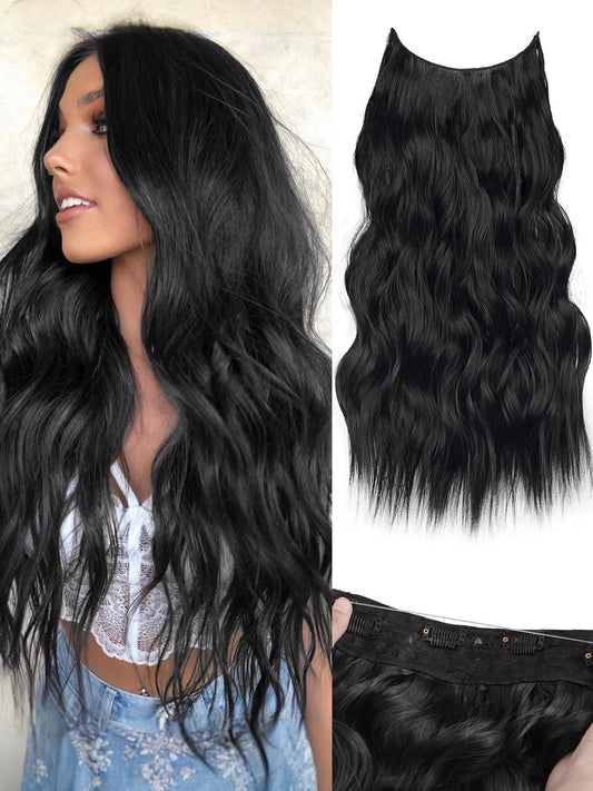 Kookastyle Invisible Wire Hair Extensions With Transparent Headband Adjustable Size 4 Secure Clips Black Long Wavy Hairpiece 20