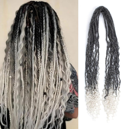 Lounoke 24 In Boho Braid Dreadlock Extensions, 10 Strands Gray To White Synthetic Curly Dreads Extensions With Box Braid, 100% H