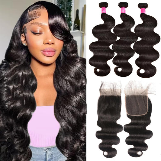 Body Wave 3 Bundles With Closure Human Hair Bundles With Closure 10A Brazilian Virgin Body Wave Human Hair Weave Bundles With 4X