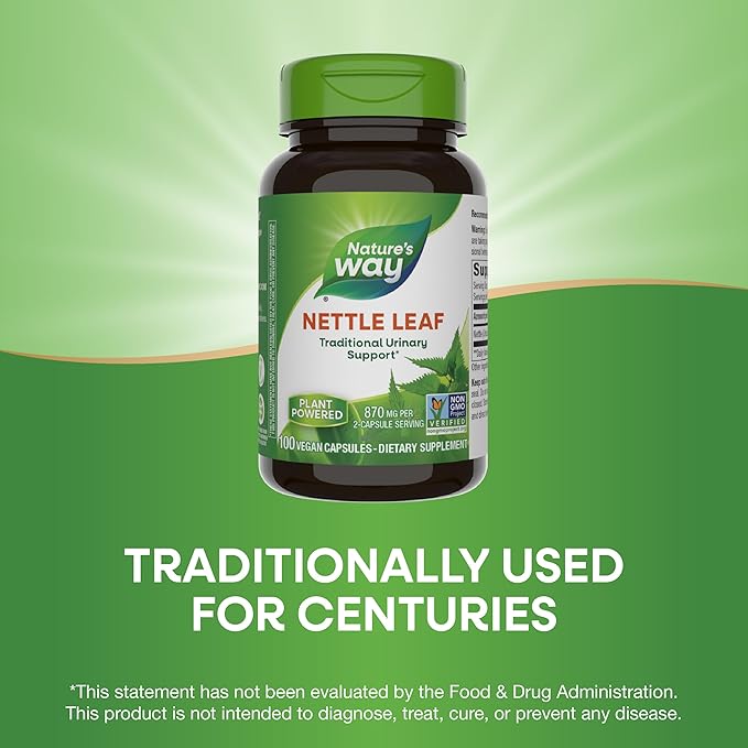 Nature's Way Nettle Leaf, Traditional Urinary Support*, 870 mg per 2-Capsule Serving, Non-GMO Project Verified, Vegan, 100 Capsules (Packaging May Vary)