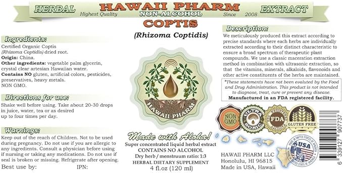 Coptis Alcohol-Free Liquid Extract, Coptis (Rhizoma Coptidis) Dried Root Glycerite Hawaii Pharm Natural Herbal Supplement 32 oz Unfiltered