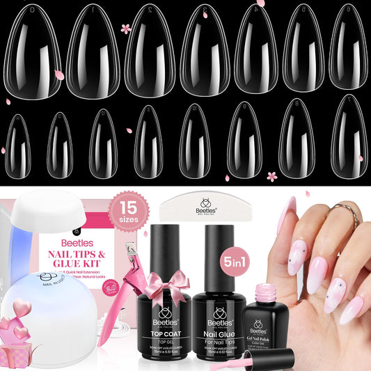 Beetles Gel Nail Kit 600Pcs 15 Sizes Medium Almond Nail Tips With Pink Color Gel Top Coat Soft Clear Beetles Gel X Press On Nail