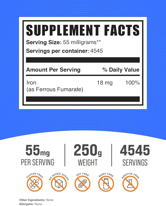BulkSupplements.com Ferrous Fumarate Powder - Essential Mineral, Iron Supplements, Iron 18mg - Gluten Free, 55mg per Serving, 250g (8.8 oz) (Pack of 1)