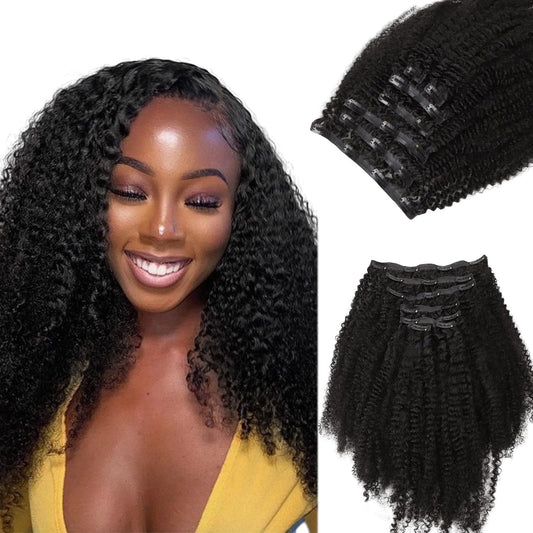 Lashey Seamless Clip In Hair Extensions Human Hair 110G 7Pcs Afro Kinky Curly Clip In Hair Extensions 22 Inch Natural Black Colo