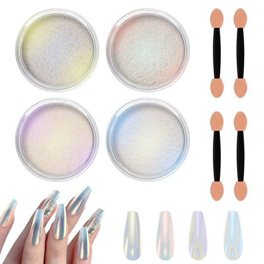 Allstarry Chrome Nail Powder 4 Colors Iridescent Aurora Powder Metallic Mirror Effect Pigment Pearlescent Purple Mermaid Unicorn