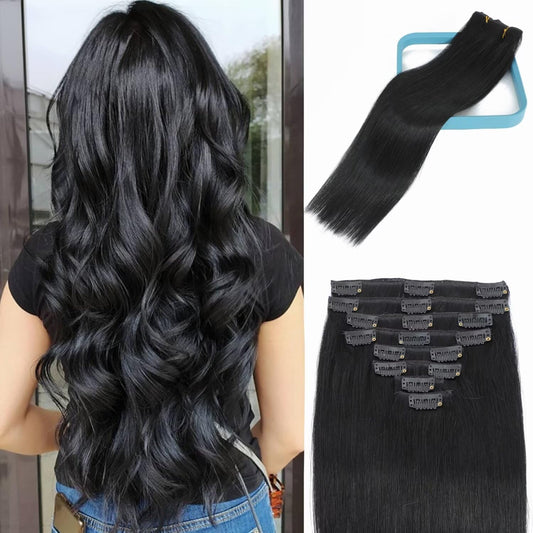 Lorien Clip In Hair Extensions Real Human Hair, 20 Inch 105G, 1 Jet Black, Clip In 100% Brazilian Remy Human Hair Extensions 8Pc