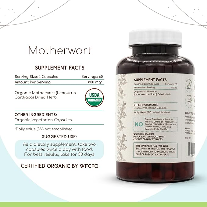 Motherwort USDA Organic 120 Capsules | Natural Herbal Supplement | Certified Organic Vegetarian Capsules and Organic Motherwort (Leonurus Cardiaca) Dried Herb (120 Capsules)