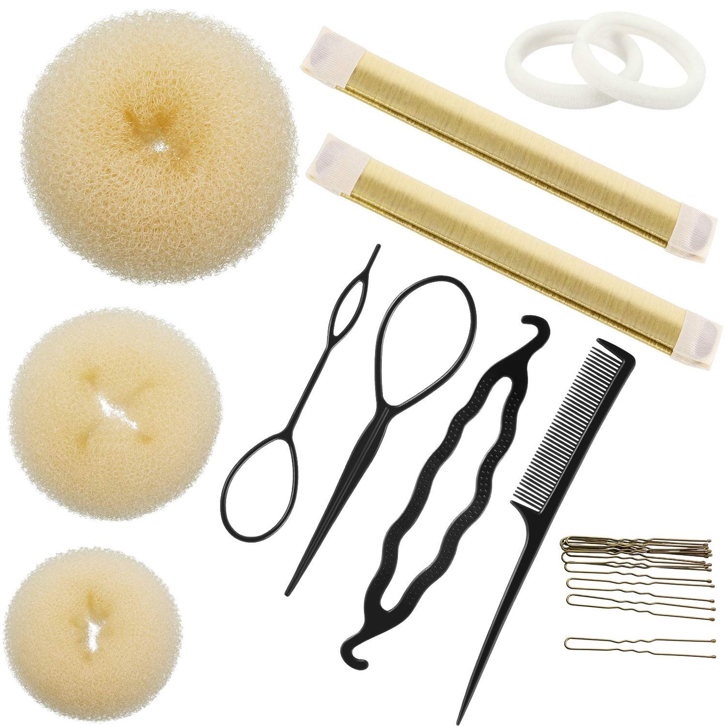 Hair Bun Maker Kit, Includes Donut Shapers, Bun Markers, Ponytail Tools, Bobby Pins, And Elastic Bands For Women And Kids (Beige
