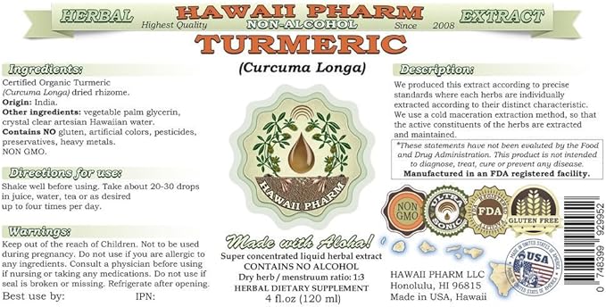 Turmeric Alcohol-Free Liquid Extract, Organic Turmeric (Curcuma Longa) Dried Rhizome Glycerite Natural Herbal Supplement, Hawaii Pharm, USA 2x4 fl.oz
