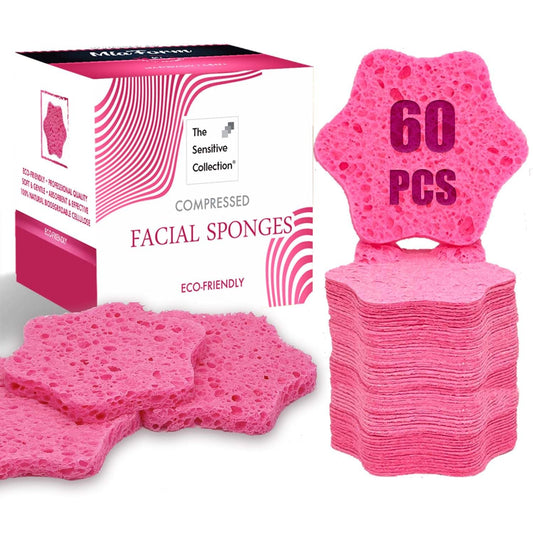 60-Count Compressed Facial Sponges, 100% Natural Cosmetic Spa Sponges For Facial Cleansing, Exfoliating Mask (Pink Flower)
