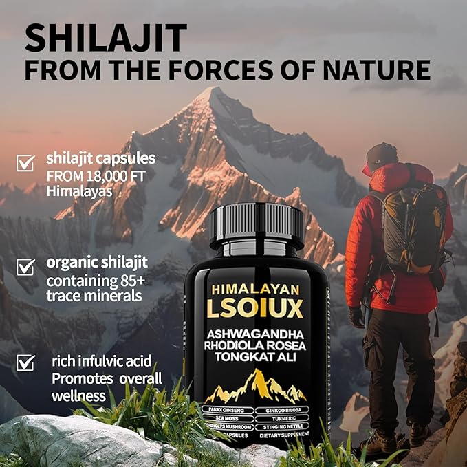 Shilajit Pure Himalayan Organic - 119 Capsules, No Artificial Additives, Formulated with Ashwagandha and Ginseng, Suitable for Various Lifestyles