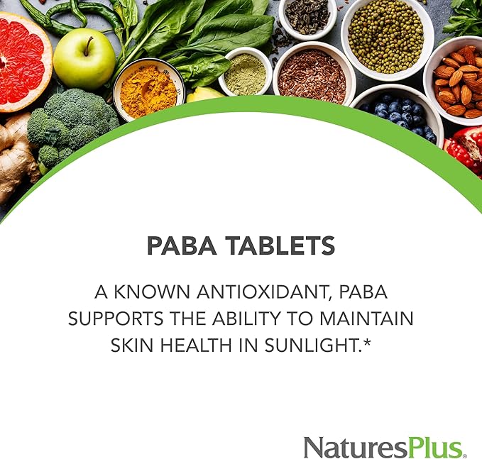 Natures Plus PABA, Sustained Release (para-Aminobenzoic Acid) - 1000 mg, 60 Vegetarian Tablets - Skin Health Support Supplement, Promotes Energy Production - Gluten-Free - 60 Servings