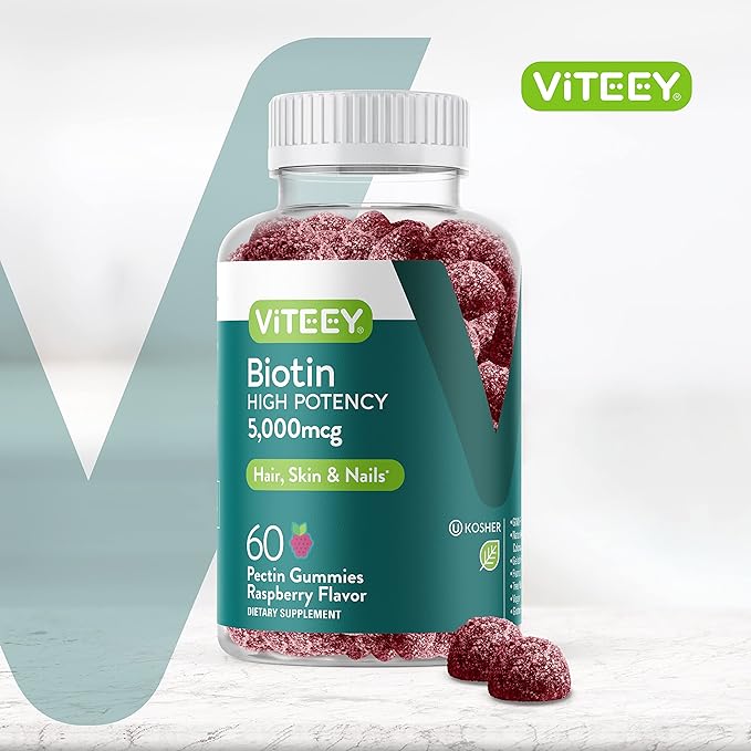 Biotin Gummies for Hair Skin Nails 5,000mcg - Hair Growth Gummies, Healthy Skin Glow, Strong Healthy Nail Growth - Vegan, Gluten Free, Gelatin Free, GMO Free - Tasty Chewable Raspberry Flavor