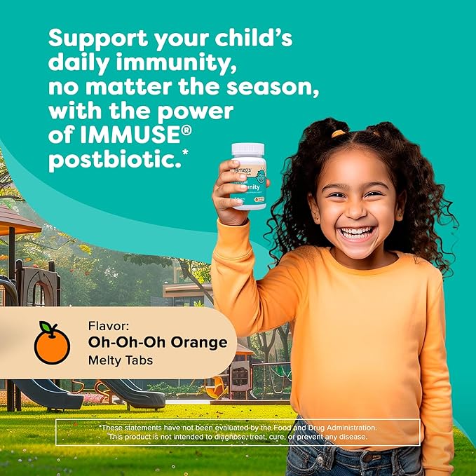 Renzo's Roll Call Immunity, Daily Postbiotic, Dissolvable Kids Immune Support Supplement, Sugar-Free Kids Vitamins, 30 Orange-Flavored Melty Tabs