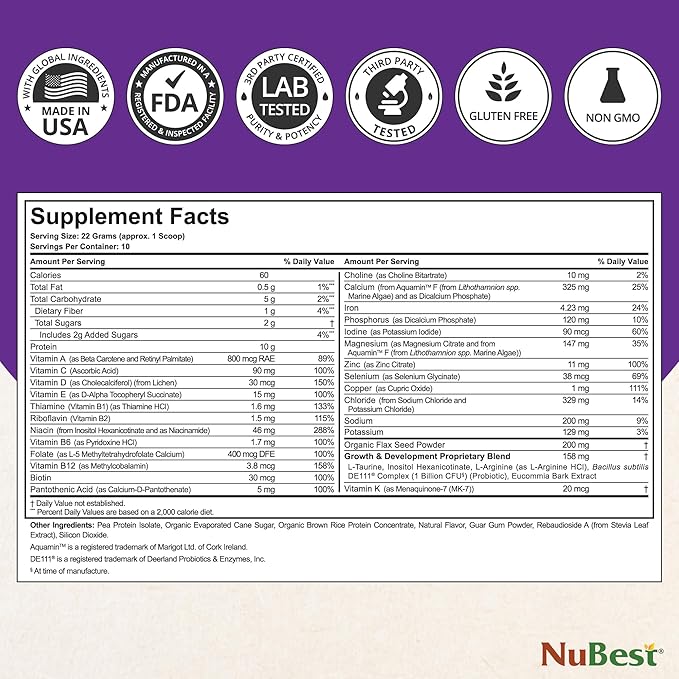 NuBest Tall Protein Powder for Kids & Teens - Vegan Vanilla Protein Powder Shake with Organic Red Algae Calcium, Probiotics, Omega 3-6-9, Vitamin D3 + K2 & Magnesium from Marine Algae - Pack 3
