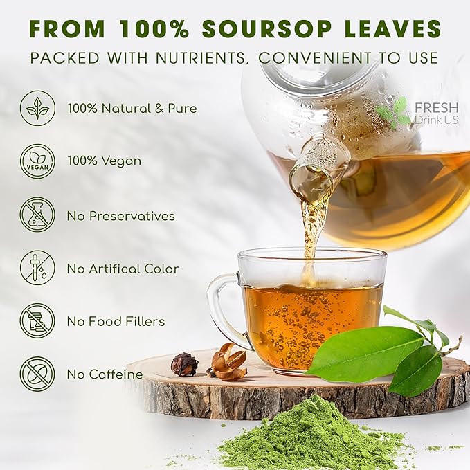 FRESHDRINKUS 4.5oz Soursop Leaf Powder, 100% Natural and Pure from Soursop Graviola Leaves, Soursop Leaf Tea, No Additives, No Gluten, No Sugar, Vegan