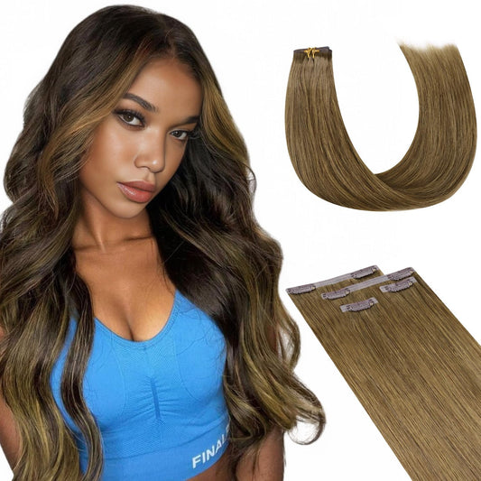 Lashey Clip In Hair Extensions Real Human Hair, 4Pcs 50G Medium Brown Human Hair Extensions 22 Inch Straight Hair Extension Clip