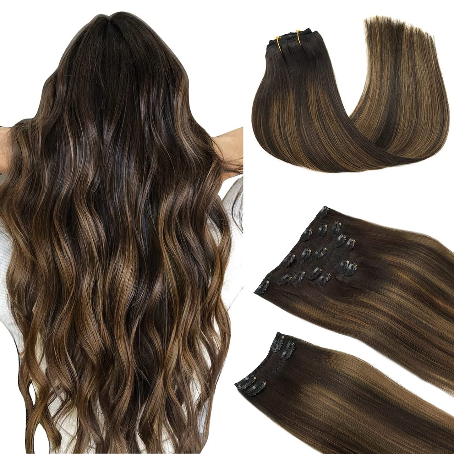 Doores Clip In Human Hair Extensions, Dark Blonde Highlighted Bleach Blonde 150G 9Pcs 16 Inch, Remy Hair Extensions Clip In Stra