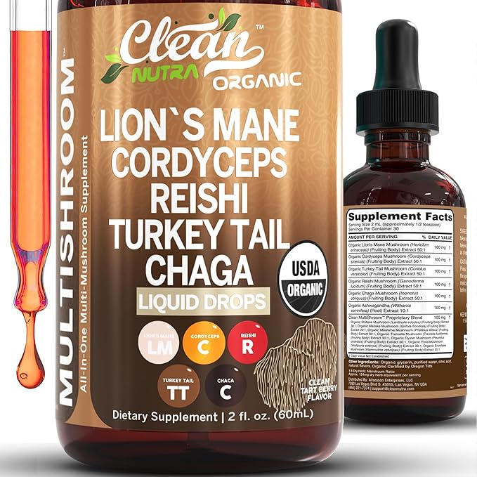 Organic Mushroom Supplement Liquid Drops with Lions Mane Turkey Tail Cordyceps Reishi Chaga Shitake Maitake Tremella Oyster Mushrooms Poria and Enokitake Mushrooms Complex Blend by Clean Nutra