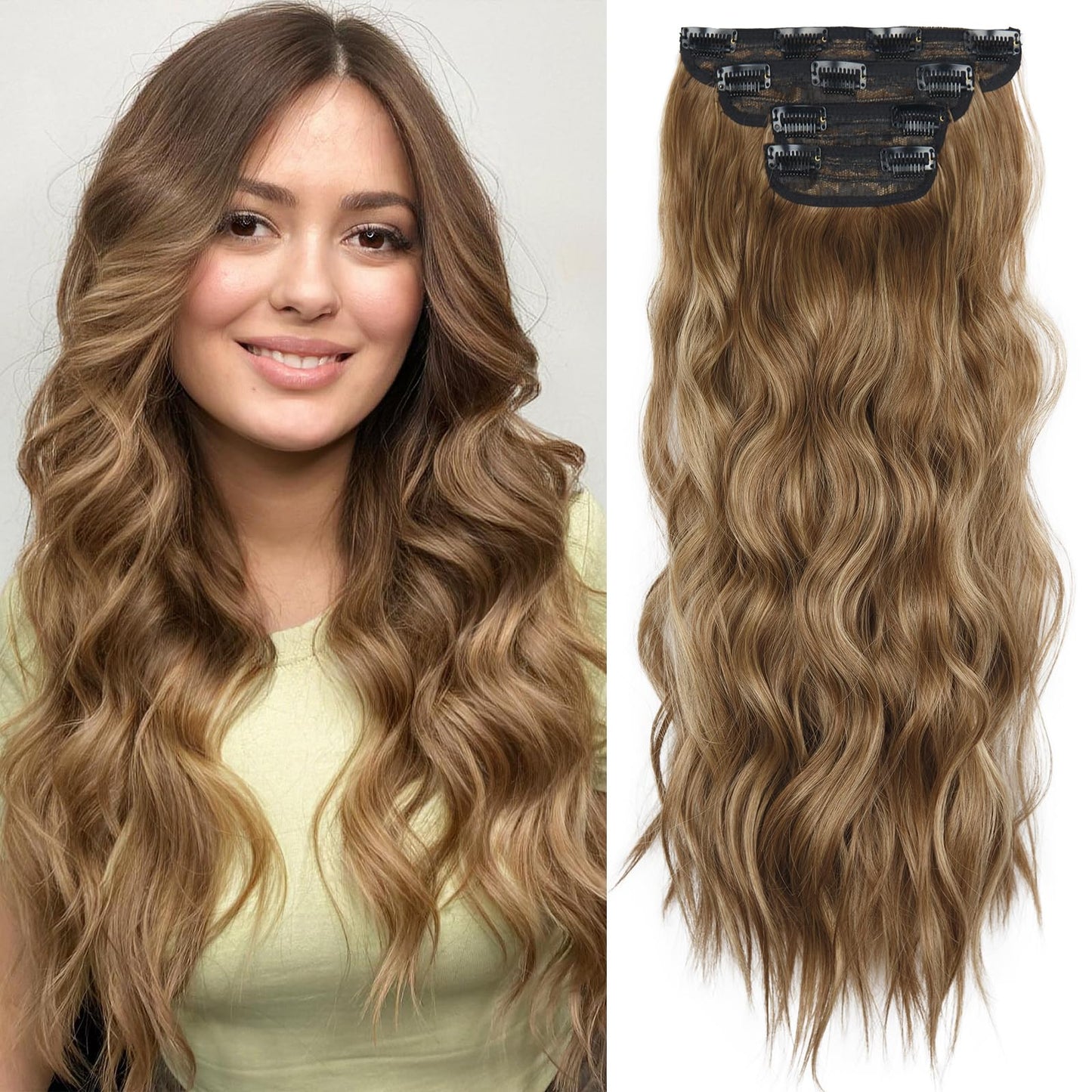 Reddish Brown Mixed Light Brown Curly Wavy Hair Extensions 20 Inch Long Hair Extensions For Women Daily Use(Reddish Brown Mixed