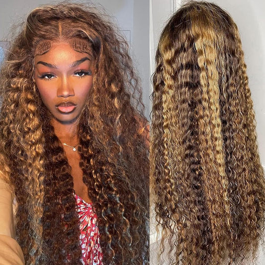 Bangjazz 28 Inch Deep Wave Lace Front Wigs Human Hair 180% Density Highlight Ombre 13X4 Lace Frontal Wigs Human Hair Hd Lace P4/