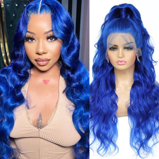 Manyisi 28 Inch Blue Lace Front Wig Human Hair - 13X4 Body Wave Blue Lace Front Wigs Human Hair Colored Hd Lace Front Wigs Human