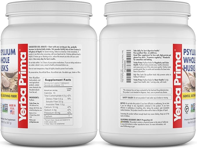Yerba Prima Whole Psyllium Husk Fiber Supplement 20 oz (Pack of 2) - Vegan, Gluten Free, Non-GMO