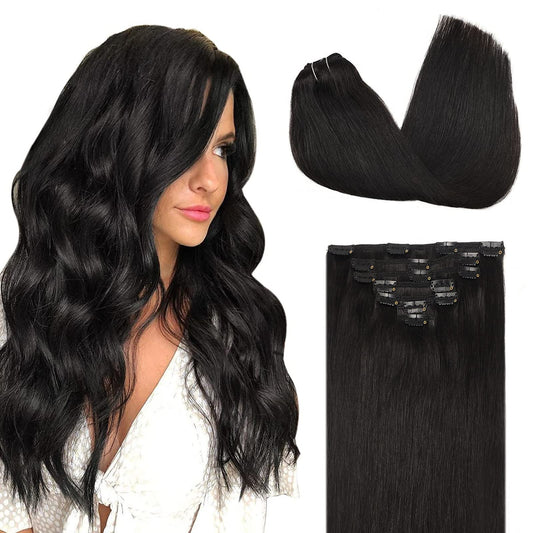 Doores Clip In Human Hair Extensions Natural Black 120G 20 Inch 7Pcs Straight Remy Hair Extensions Clip In Real Hair Extensions