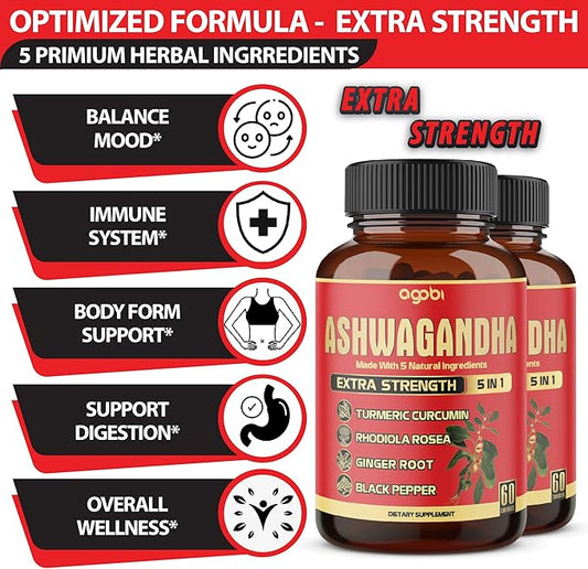 2 Packs - 60 Capsules Ashwagandha Capsules - High Concentrated - 5in1 Formula Ashwagandha, Turmeric, Rhodiola Rosea, Ginger, Black Pepper - 4 Month Supply
