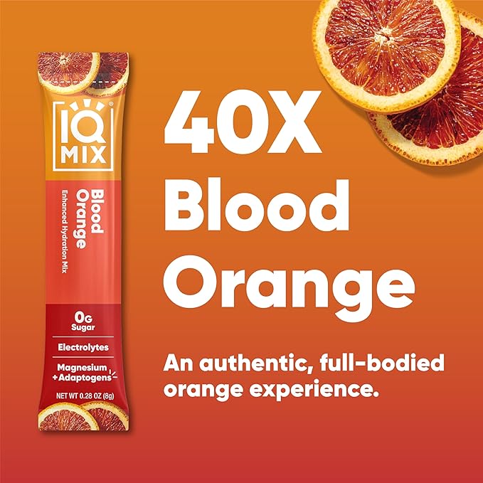IQMIX Hydration Electrolyte Powder – 4-in-1 Formula for Hydration, Mental Clarity, Mood and Recovery – Sugar-Free Drink Mix, Keto, Magnesium L-Threonate, Lion’s Mane – 40 Count Blood Orange