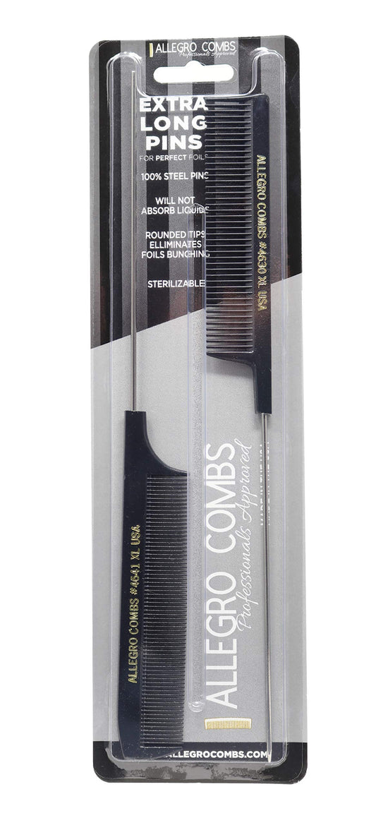 Allegro Combs Xl Pintail Rat Tail Combs Parting Combs Metal Tail Foiling Combs Pin Combs 2 Pc. (Black)