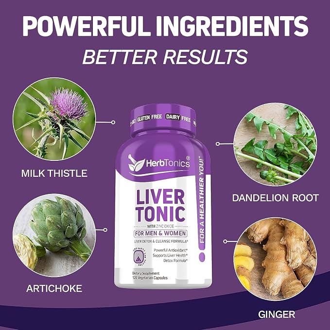 Herbtonics Liver Cleanse Detox & Repair Formula - 20+ Herbs: Milk Thistle, Artichoke Extract, Silymarin & Dandelion - Korean Red Panax Ginseng 1500mg - High Potency Ginseng for Energy for Men & Women