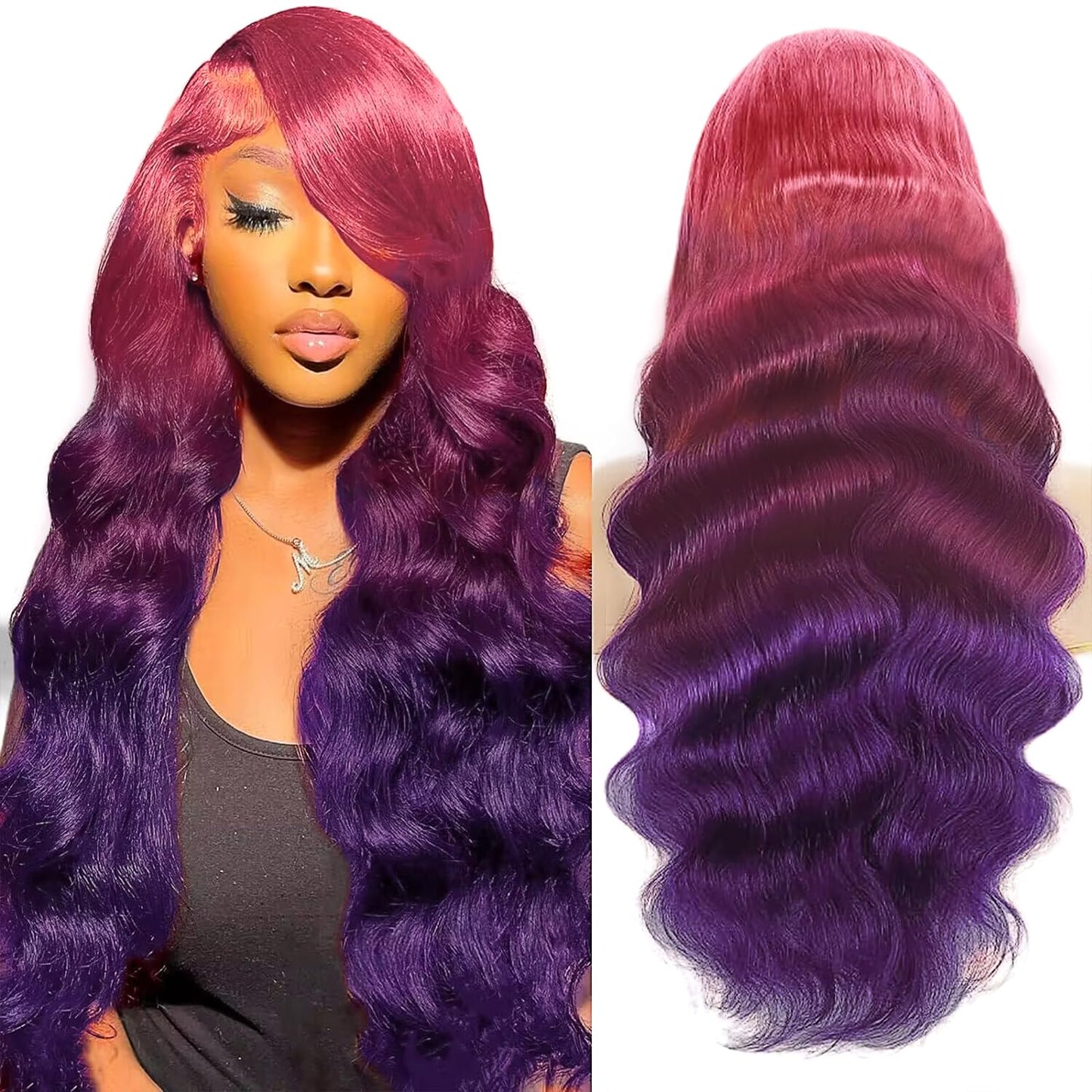 Purple Ombre 13X4 Hd Lace Front Wig Human Hair Body Wave 3 Tone Pink To Purple Glueless Wigs Dark Pink Root Rainbow Colored Lace