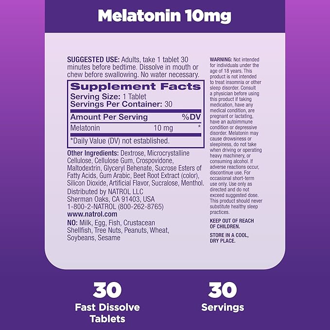 Natrol Fast Dissolve Melatonin 10 mg, Melatonin Supplements for Restful Sleep, Sleep Support for Adults, 30 Strawberry-Flavored Tablets, Up to a 30 Day Supply