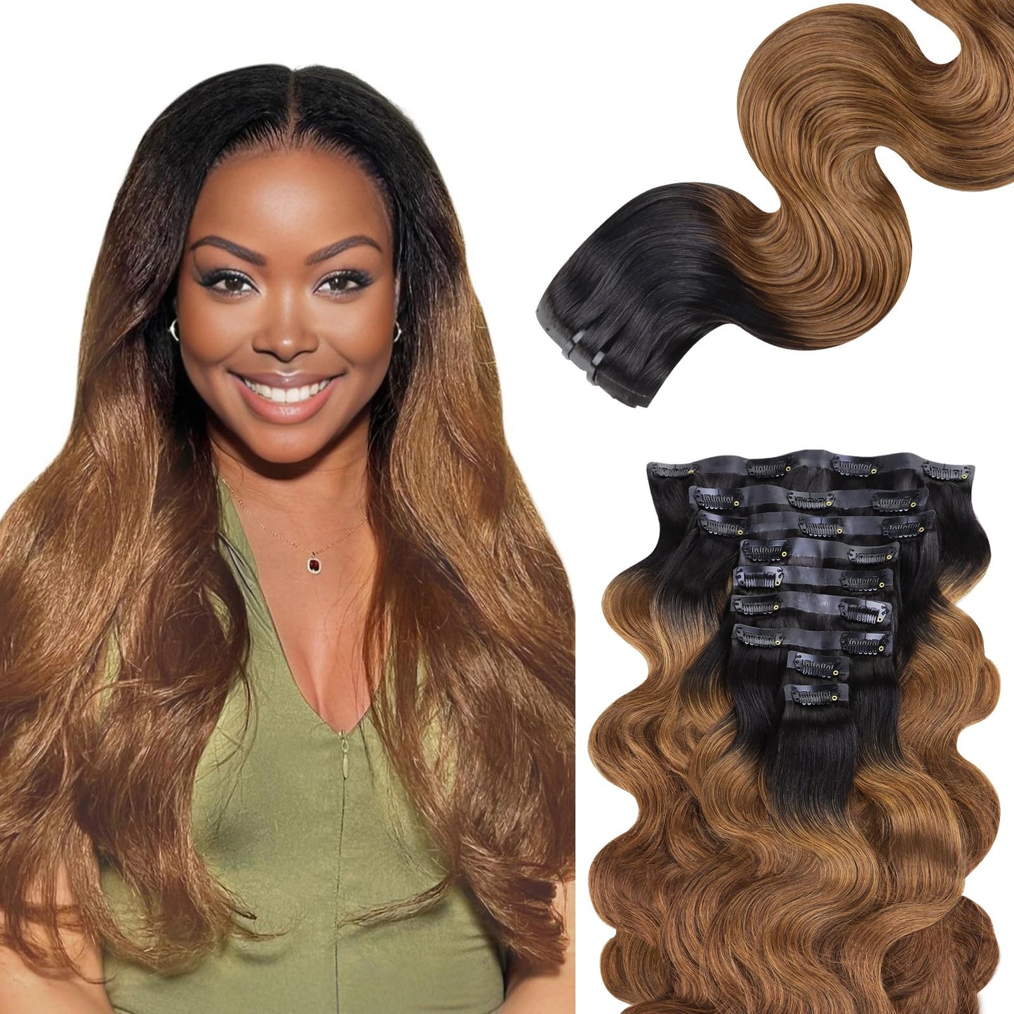 Lashey Seamless Clip In Hair Extensions Human Hair 130G 9Pcs 18 Inch Body Wave Ombre Natural Black To Medium Auburn Clip In Hair