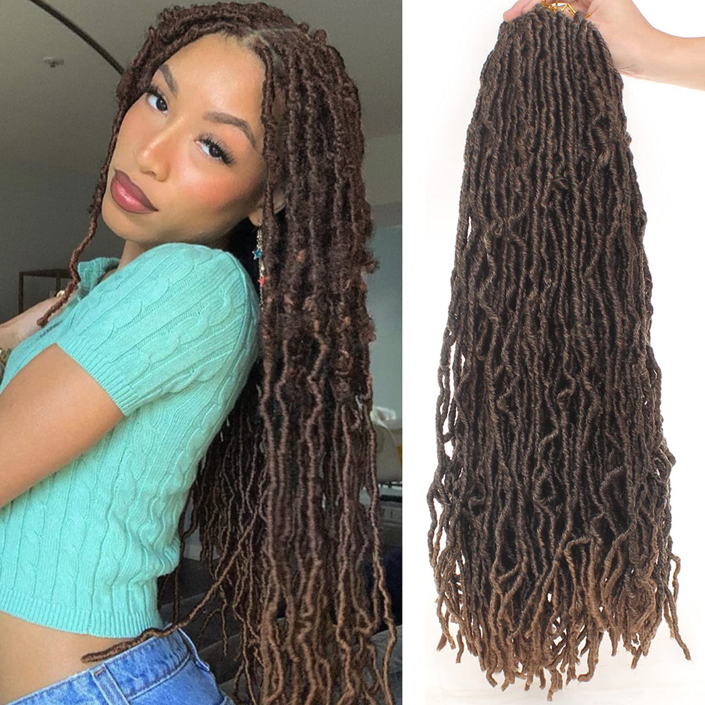 Leeven 24 Inch Omber Brown Distressed Soft Locs Crochet Hair 7 Packs Pre-Looped Long Faux Locs Crochet Braids Hair 18 Strands/Pa
