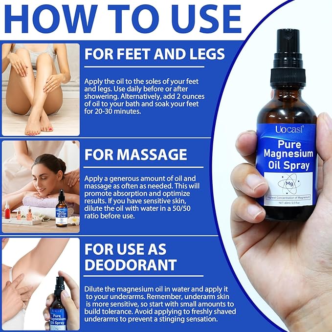 Pure Magnesium Oil Spray, Organic Magnesium Spray for Feet, Nourish The Skin, Unclog Pores, Alleviate Hair Loss, 2 Oz