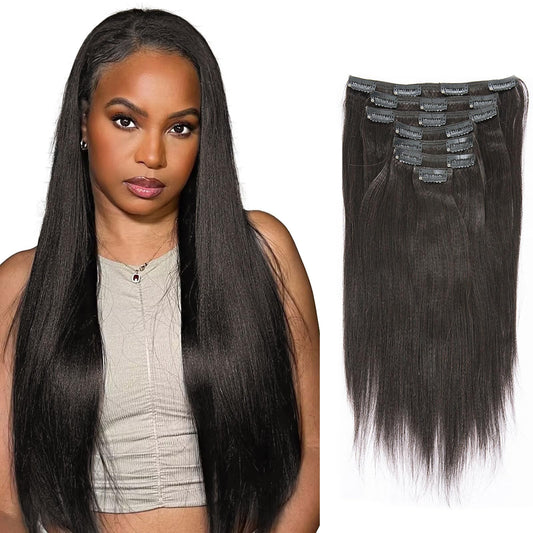 Lacer Light Yaki Clip In Hair Extensions, Remy Human Hair Natural Black Thick Yaki Straight Clip Ins For African American Woman