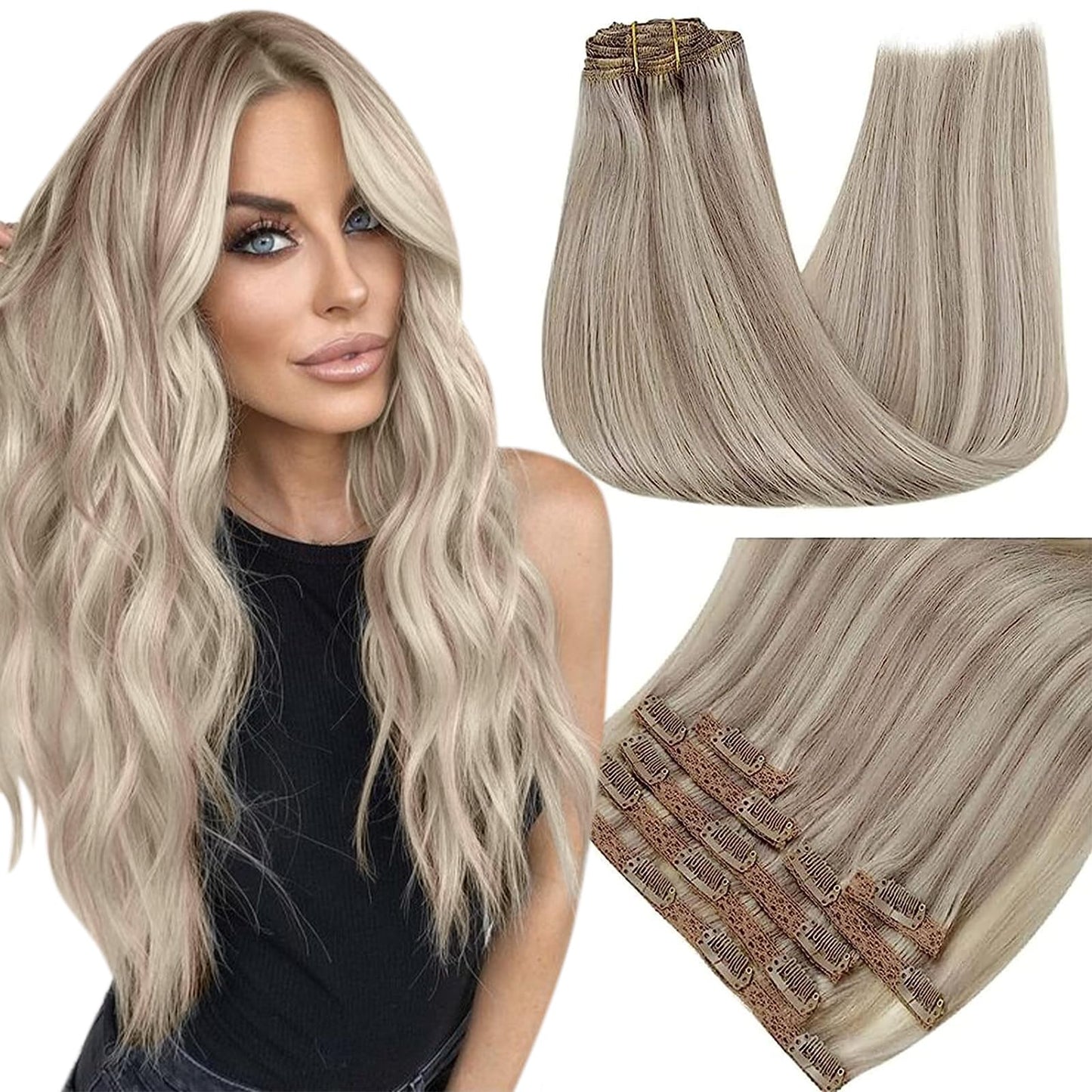 Runature Human Hair Clip In Extensions Grey Blonde Highlight Platinum Blonde Hair Extensions Clip Ins 20 Inch 120G Real Hair Cli