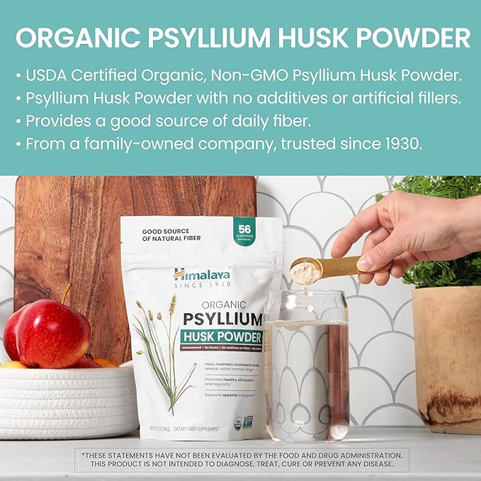 Himalaya Organic Psyllium Husk Powder, Daily Dietary Fiber Supplement, Regularity, Appetite Management, USDA Certified Organic, Non-GMO, No Artificial Colors, Unflavored, 56-Teaspoon Supply, 12 Oz