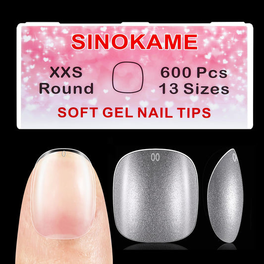 600Pcs Extra Extra Short Round Nail Tips, Sinokame Pre-Etched Small Petite Child Size Xxs Round Oval Full Cover Natural Gel Nail