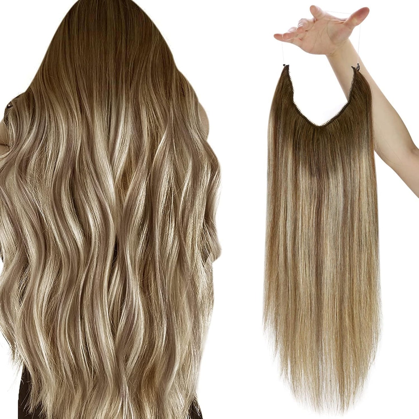 Sunny 95G Wire Hair Extensions Human Hair Ombre Brown Invisible Wire Real Hair Extensions Medium Brown Ombre Platinum Blonde Bal
