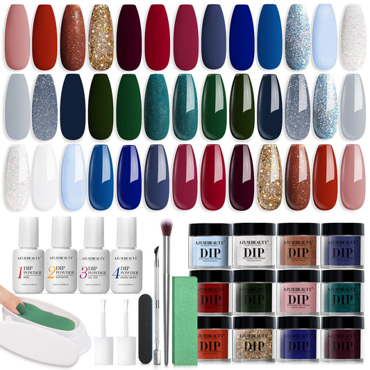 Azurebeauty 31Pcs Dip Powder Nail Kit Starter, Summer Red Green Glitter Blue White 20 Colors Acrylic Dipping Powder Liquid Set W