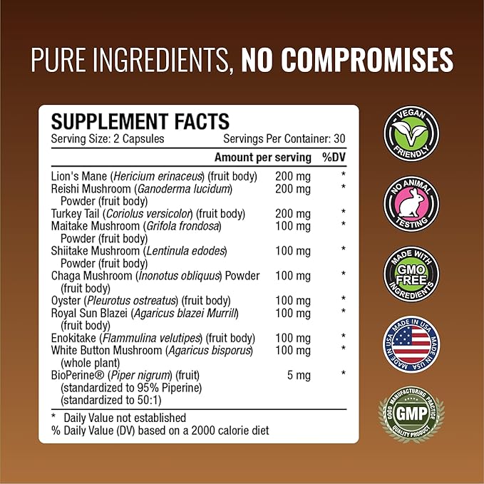 Approved Science Mushroom Complex - Support The Immune System and Cognitive Function - with Lion’s Mane, Chaga, Reishi, Turkey Tail, Shiitake, Oyster, and More - 120 Capsules - Vegan