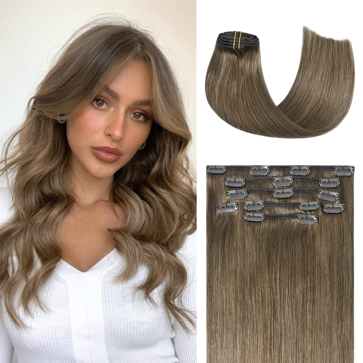 Honsoo Hair Extensions Real Human Hair Ash Brown Clip In Hair Extensions Real Human Hair 70G 7Pcs 22Inch Straight Clip In Human